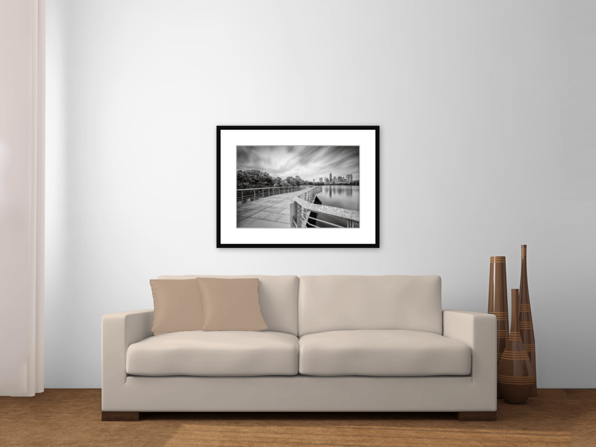 "Austin Skyline and Lady Bird Lake Boardwalk" Black and White Photography Print Framed