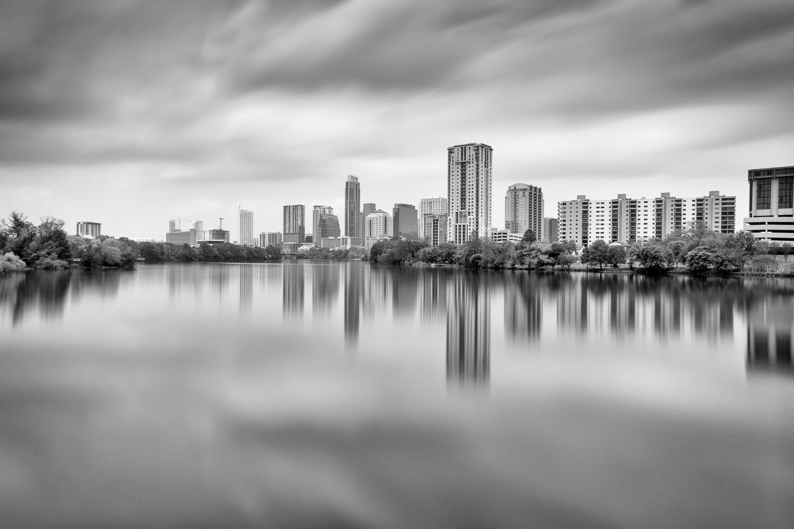 Austin Skyline Reflected Across Lady Bird Lake – Black and White Photograph