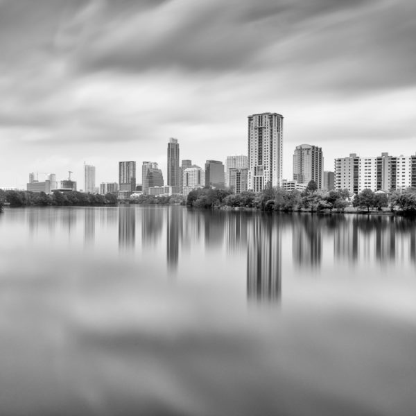 Austin Skyline Reflected Across Lady Bird Lake – Black and White Photograph