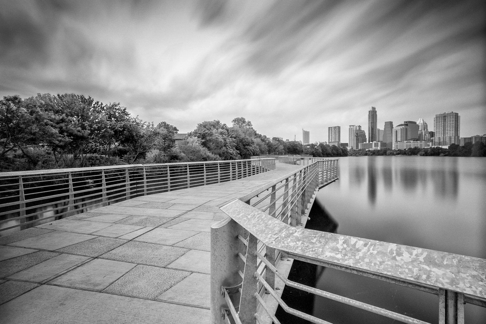 Austin Skyline from the Lady Bird Lake Boardwalk – Black and White Photograph