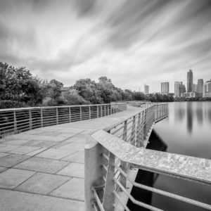 Austin Skyline from the Lady Bird Lake Boardwalk – Black and White Photograph