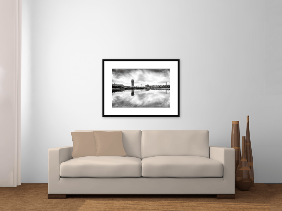 "Mueller Airport Control Tower" Black and White Framed Photography Print Above a Couch