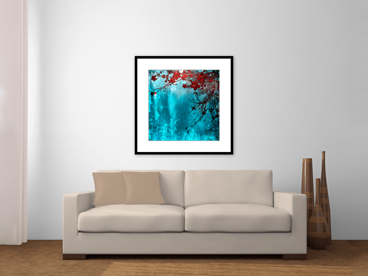 Framed Art Print - Blue Water and Red Flowers